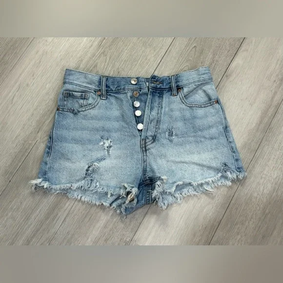 Pac Sun Vintage High Rise Distressed Button Fly Shorts Size 25 Light Wash Denim - Picture 1 of 7